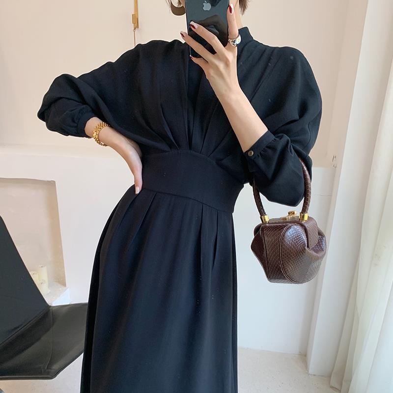 Vintage Long Sleeve Elegant Autumn Bodycon Dress Women Women’s Spring Slimming Pleated Stand Collar Midi Dress Dresses Female alx