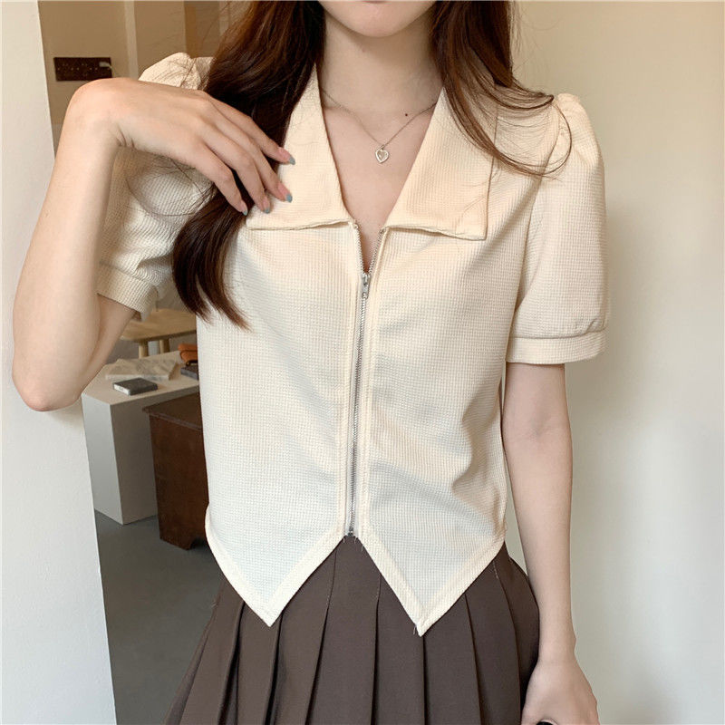 2022 Summer Women New Sweet Suits Female Zipper Slim Solid Color Shirts + High Waist Pleated Skirts Ladies Two-piece Sets S153 alx