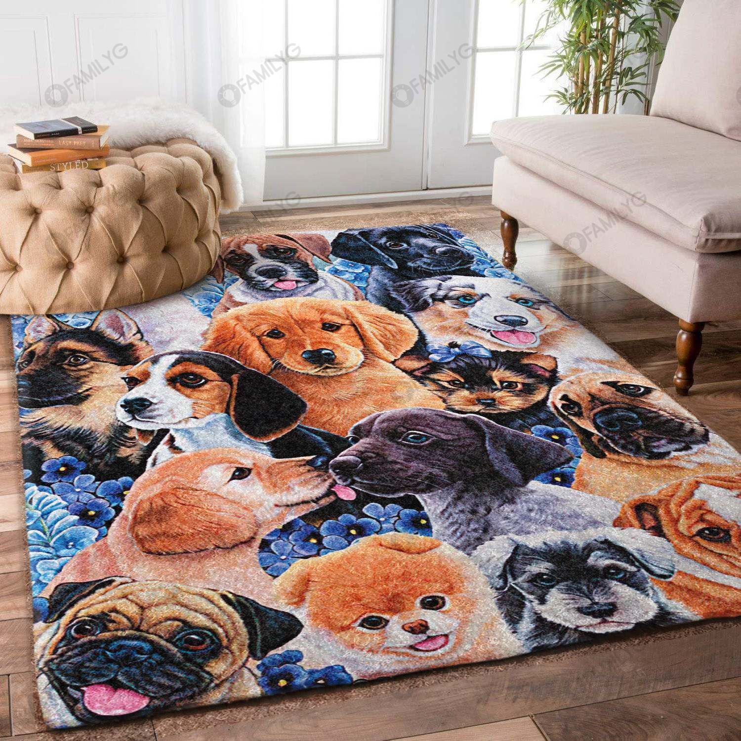 Puppy Dog Blue Flower Rug