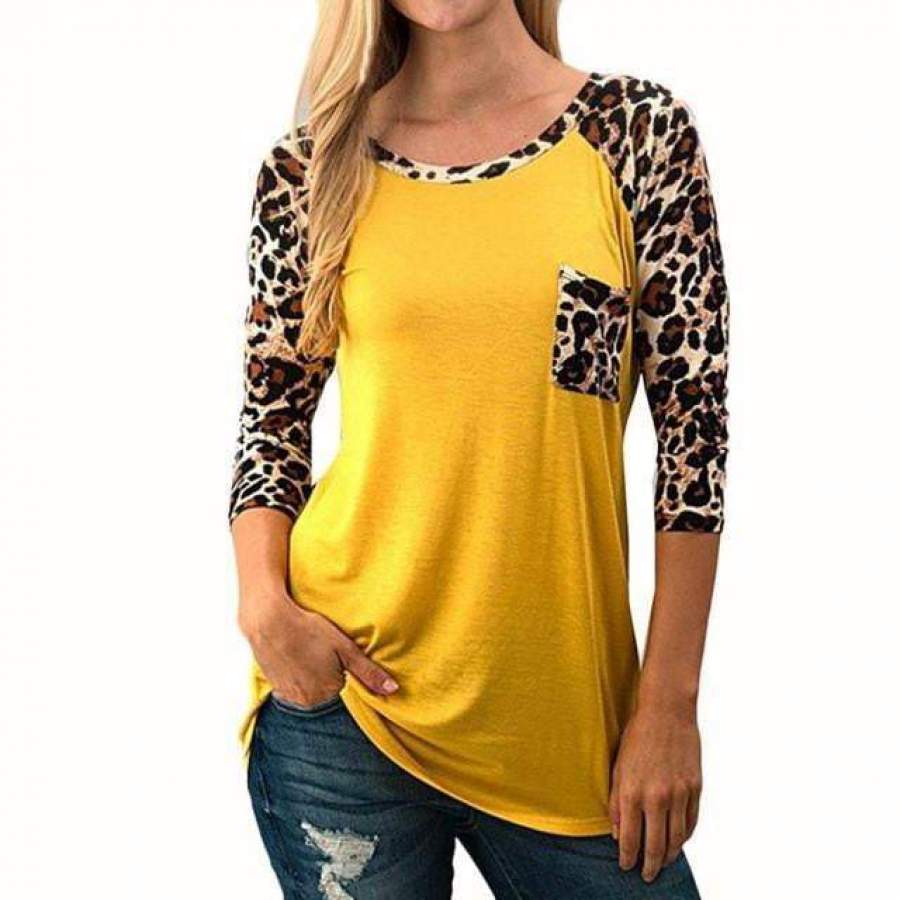 Women Blouse Leopard Pocket Casual Long Yellow Shirt Women Blouse Top Shirts