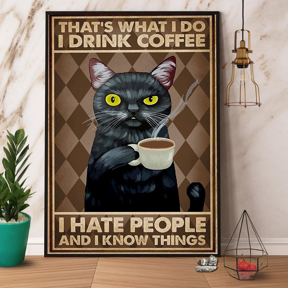 Black Cat Drink Coffee Hate People Vintage  Poster No Frame Matte Canvas