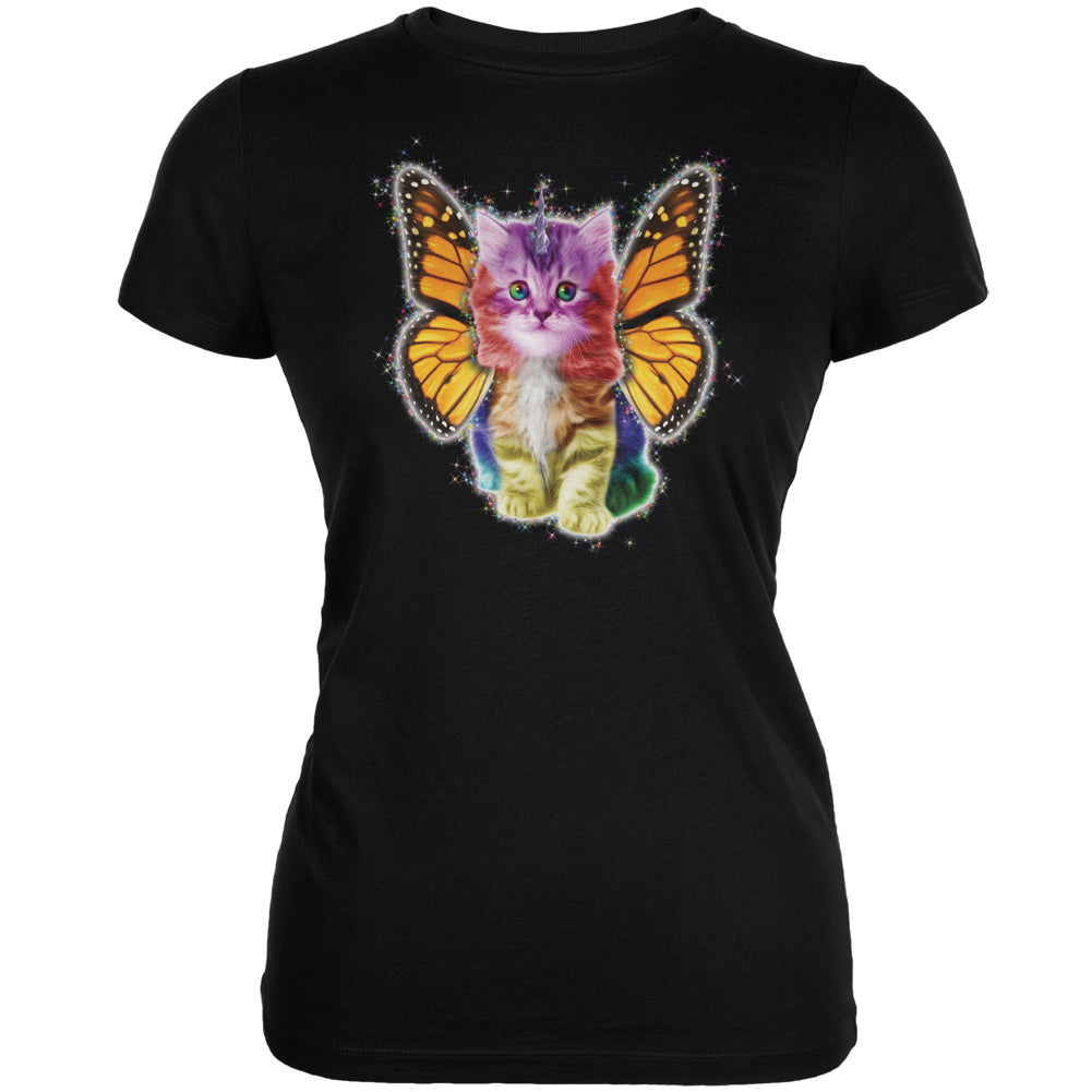 Rainbow Butterfly Unicorn Kitten Black Juniors Soft T-Shirt