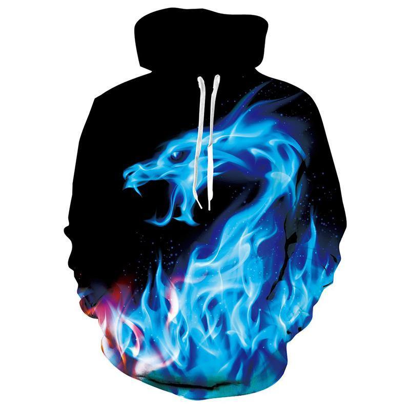 Mens Black Hoodies 3D Printing Blue Dragon Printed Hoody