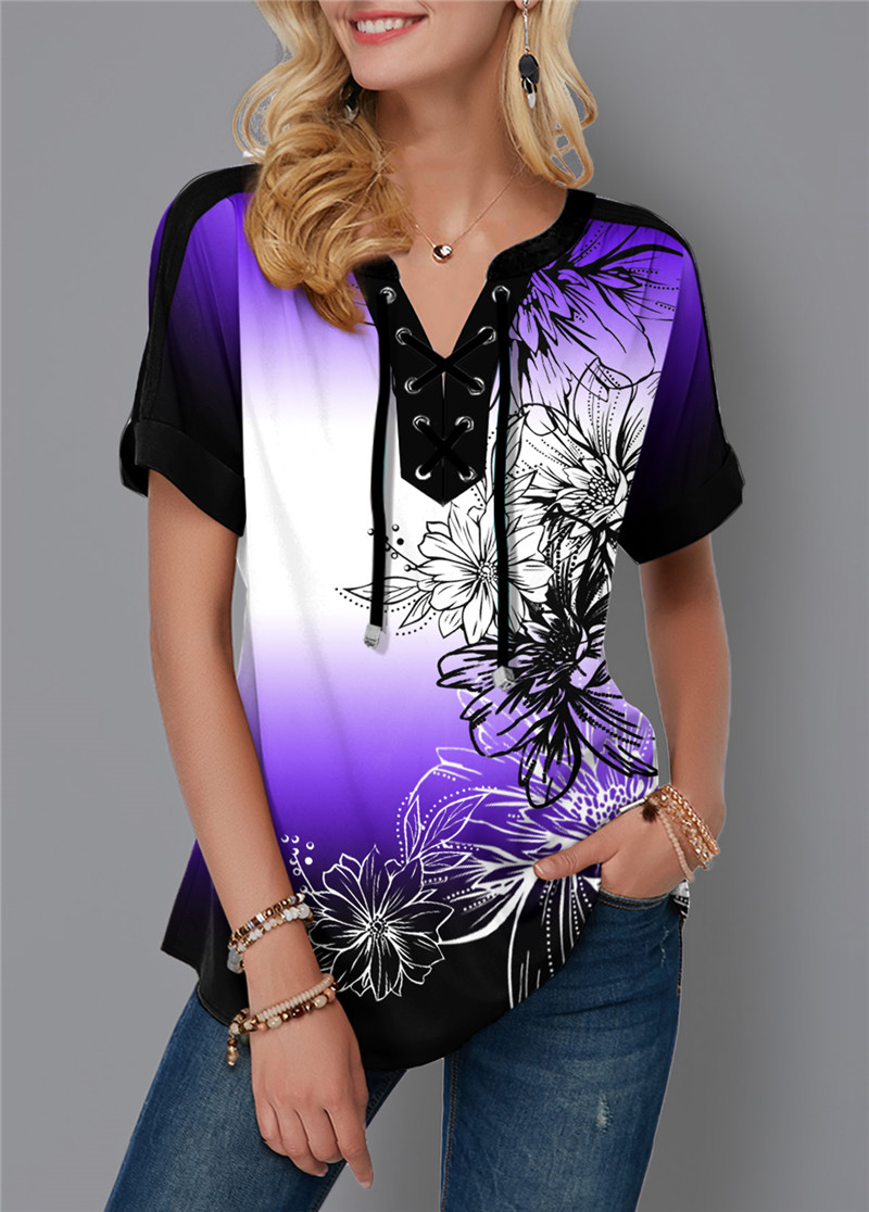 Women Clothing Short Sleeve T-Shirts Fashion Flower Print Bandage V-Neck Summer Tee Casual Ladies Shirts T-Shirt Pullovers Tops alx