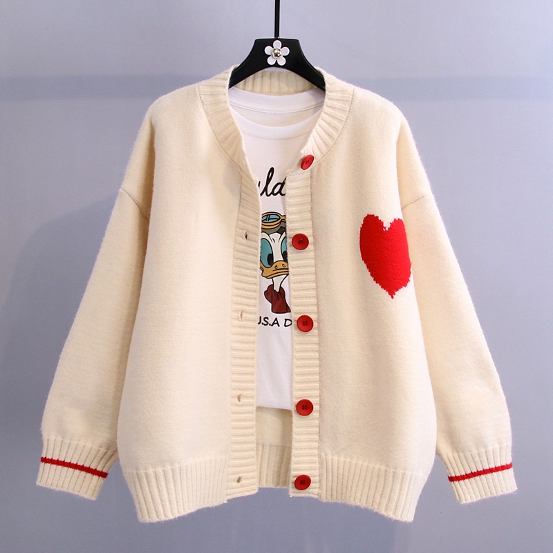 Sweet Chic Love Heart Pattern Long Sleeve Cardigan Coat Japan Style V Neck Single Breasted Sweater Elastic Knit Women Tops alx