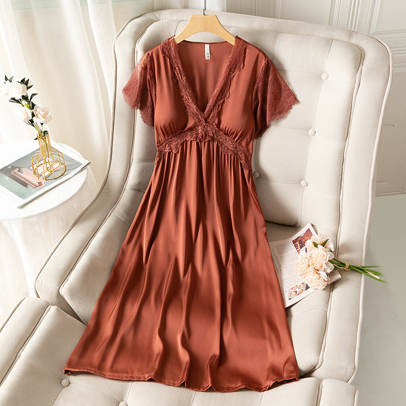 Summer Dress Sleepwear Sexy V-Neck Lace Trim Long Nightgown For Women Retro Court Style Nightgown Bathrobe Loose Home Dress alx