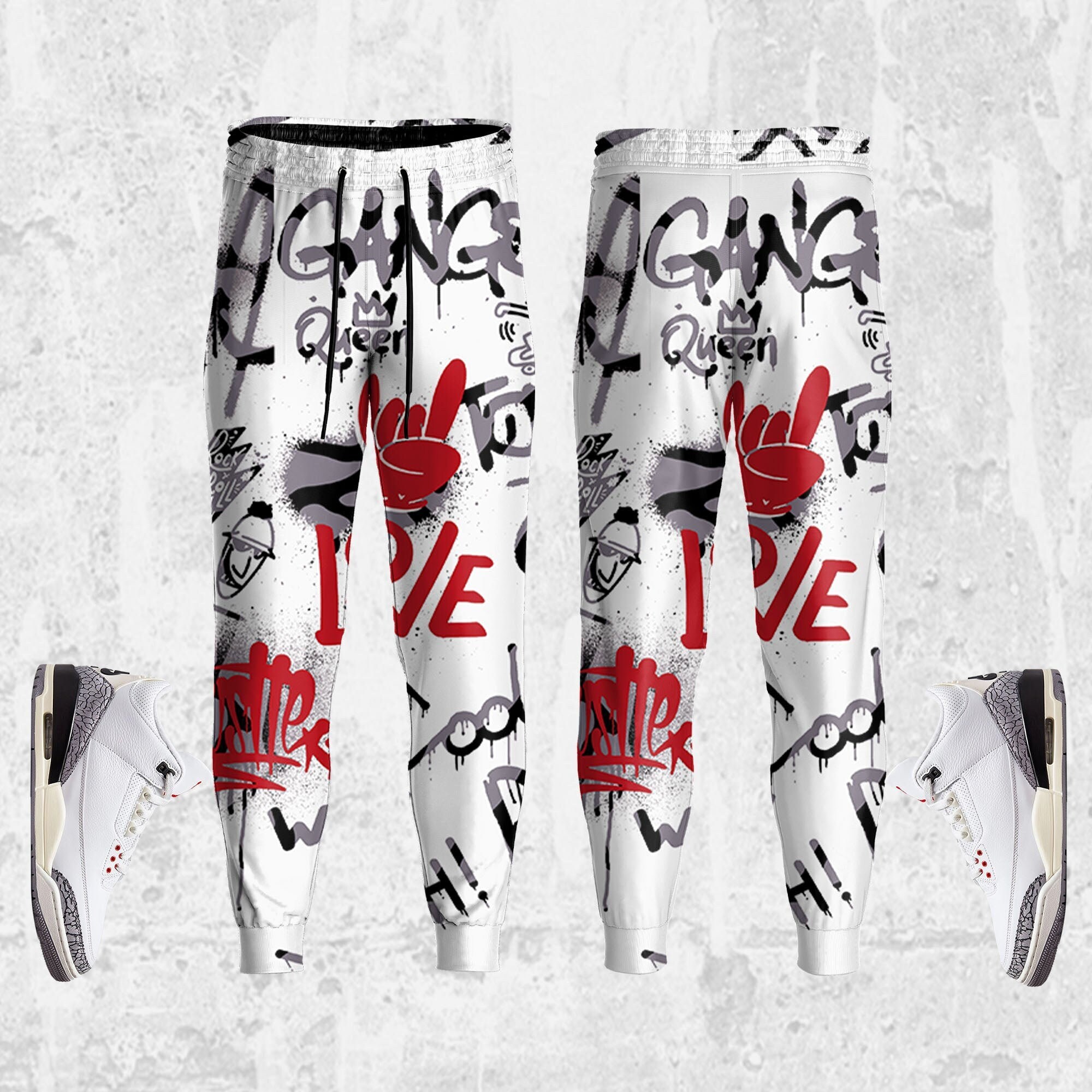 Doodle Style ST Unisex Pants match Jordan 3 White Cement Reimagined ,outfit match Sneaker, Pants gift