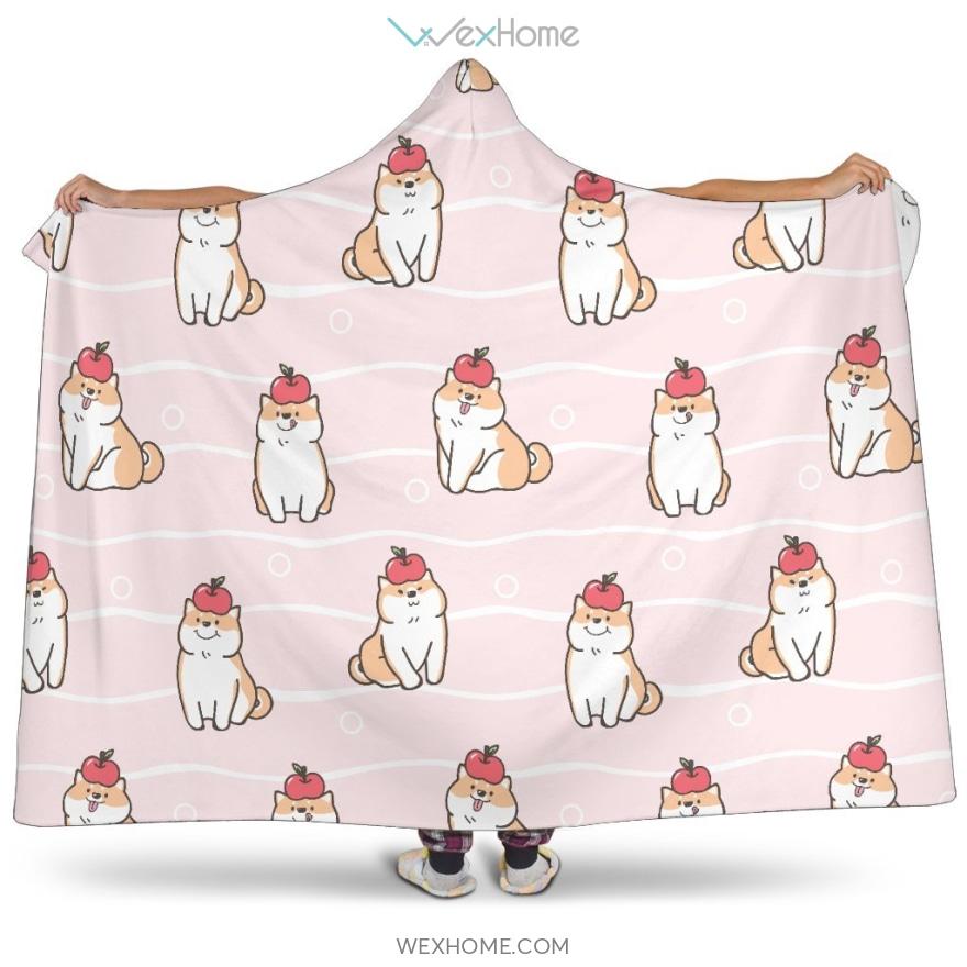 Cute Shiba Inu Dog Apple Pattern Hooded Blanket