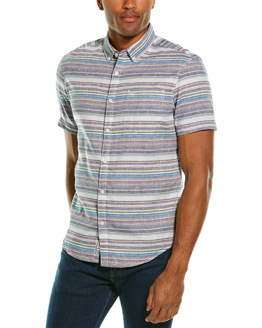 Original Penguin Engineered Stripe Linen-Blend Woven Shirt