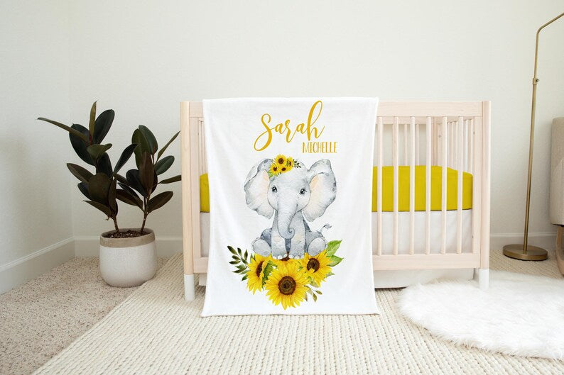 Sunflower Elephant Blanket Elephant Crib Bedding Personalized Baby Blanket Elephant Nursery Theme Sunflower Baby