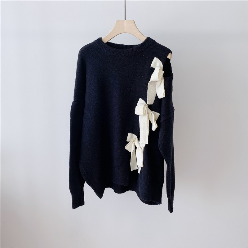 2021 New Autumn Korean Style Sweater Women Casual Bow Tie Hollow-out Split Sweaters Long Sleeve Pullover Solid Knitted Tops alx