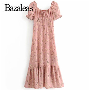 Bazaleas France Pink Floral Print women dress Vintage Center Bow Slim Ruffles Long dresses elegant vestido drop shipping alx