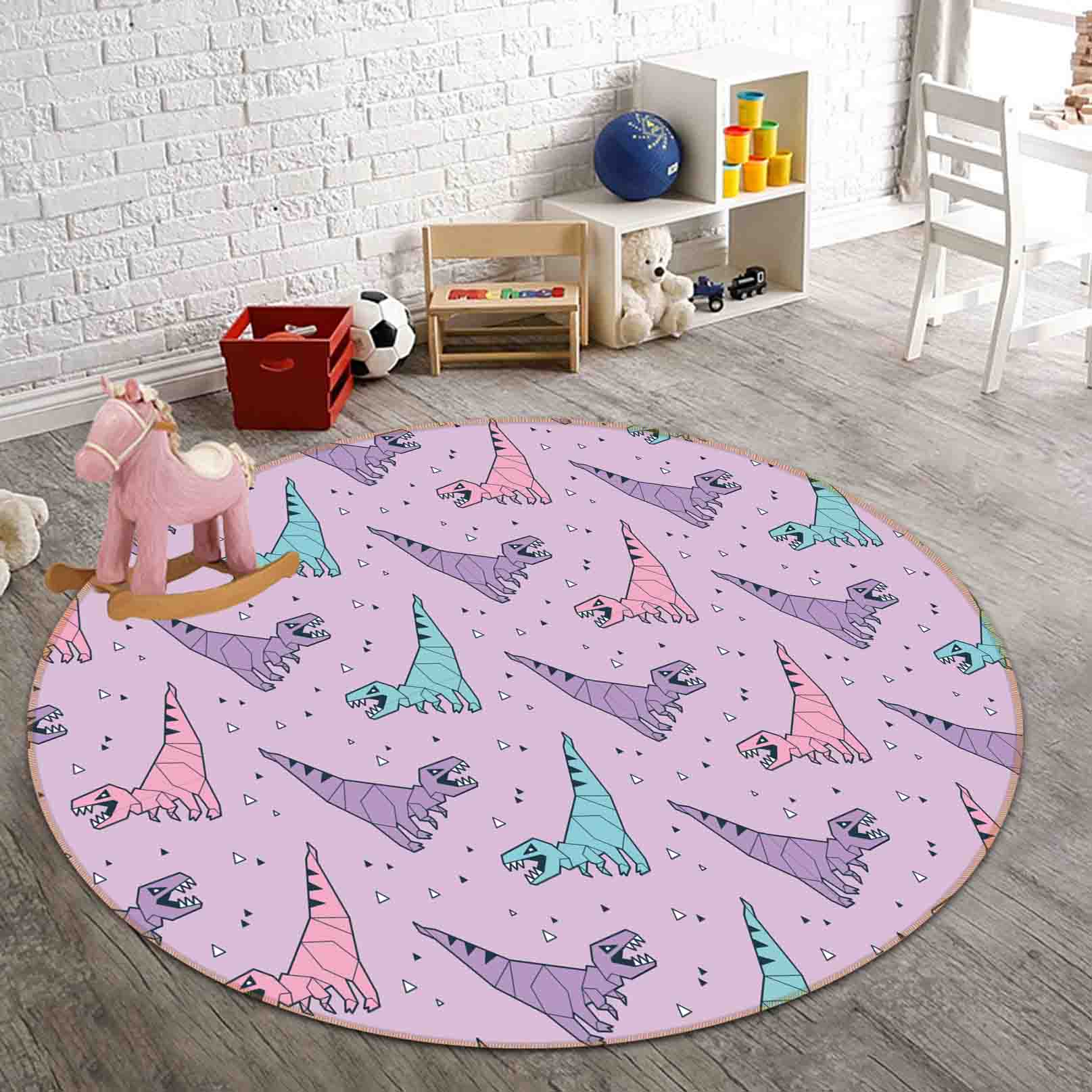 3D Cartoon Animal Dinosaur Purple Kids Non-Slip Round Rug Mat 24