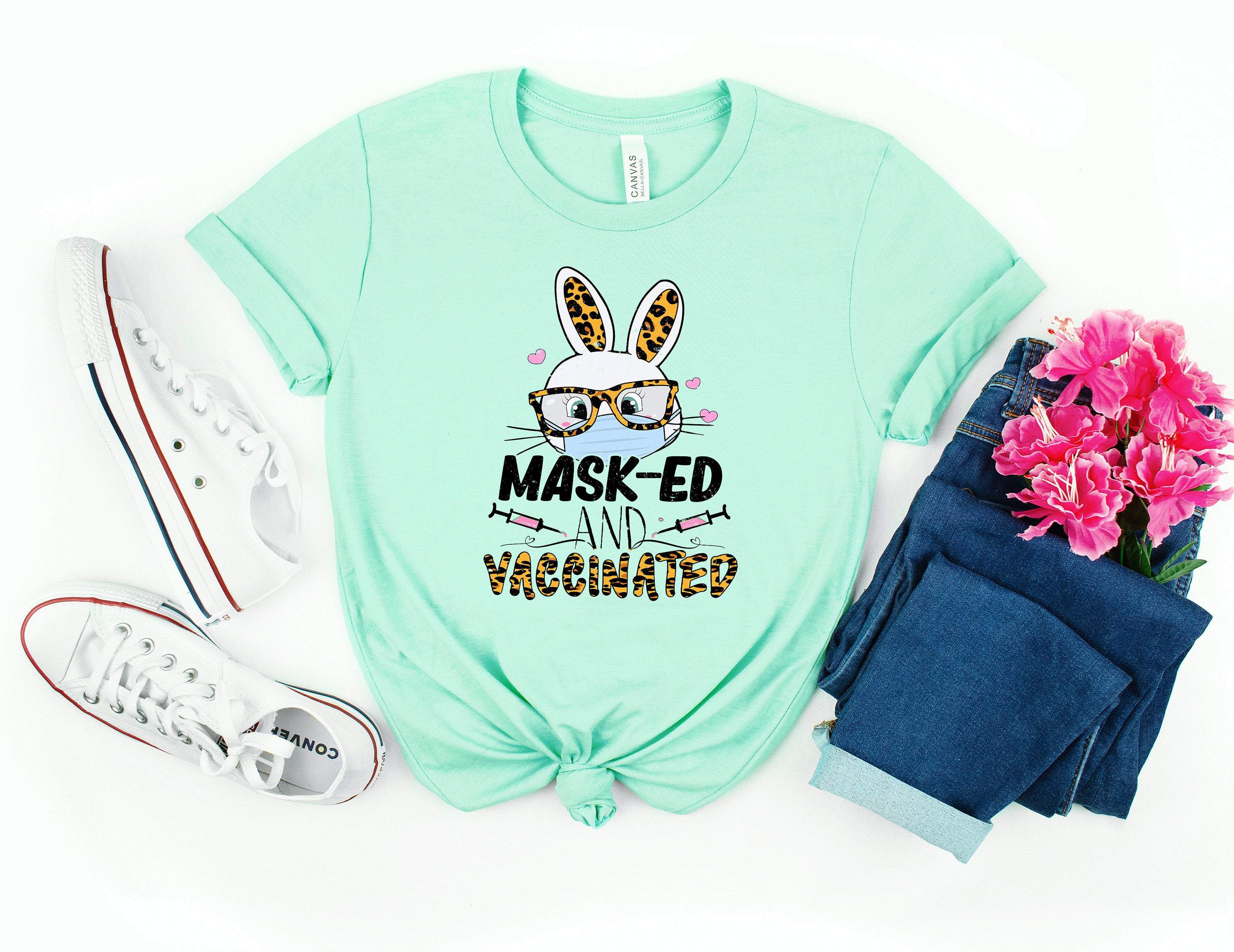 2021 Easter Masked And Vaccinated Shirt,Bunny Face Mask Get Vaccinated Shirt,Easter Family Gift Shirt Easter Vaccine Shirt,Easter Day Shirt