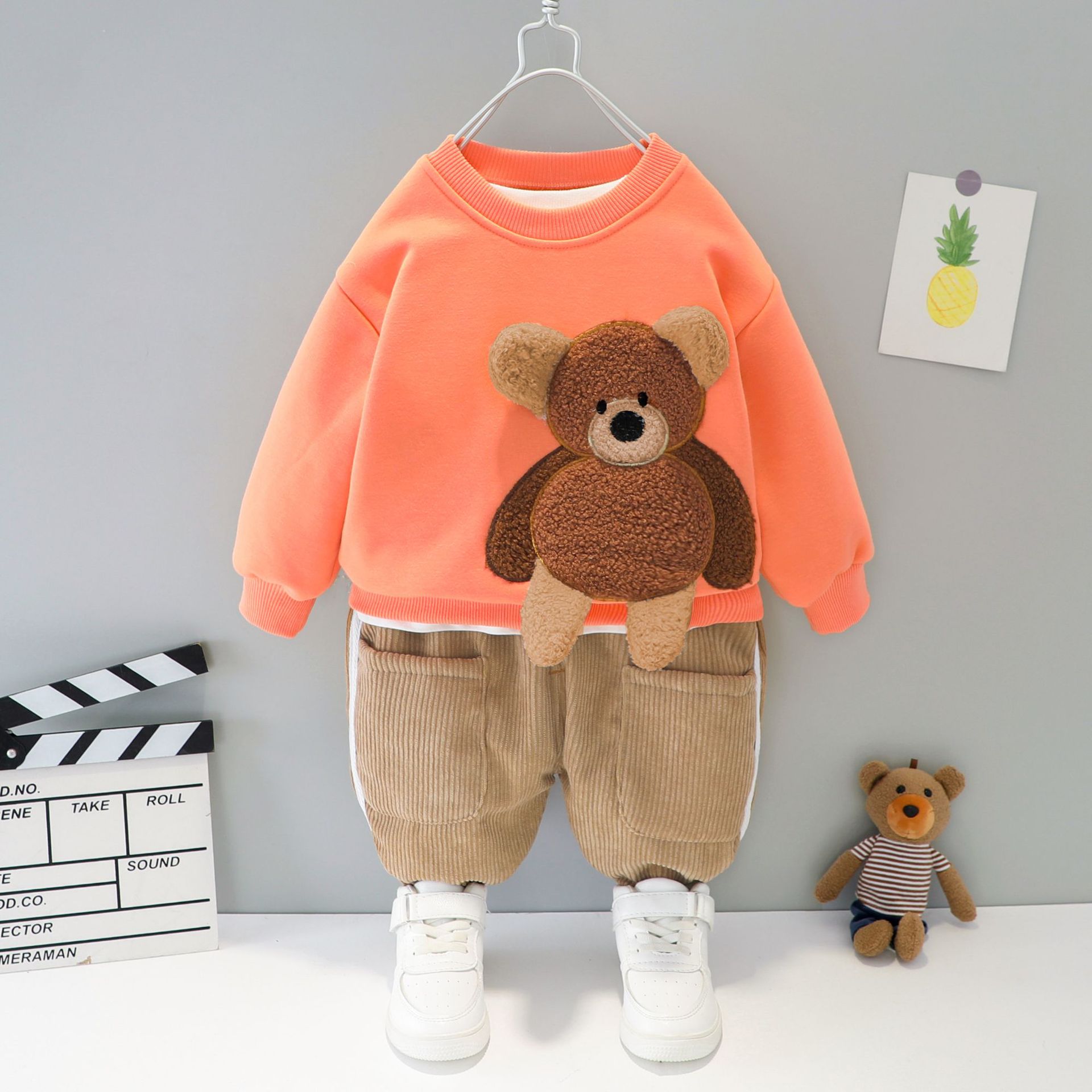 Autumn Winter New Velvet Thickening Children Clothes Sets Boys Girls Cartoon Pattern Cute Bear Sweater + Pants 2Pcs Suits 0-4 Y alx