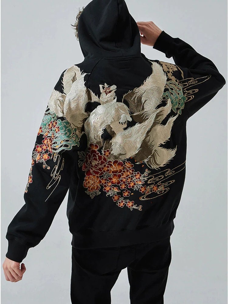 Y2K Aesthetic Japanese Streetwear Hoodie Hip Hop Sweatshirt Embroidered Fox Mens Harajuku Cotton Casual Pullover Black Hooded