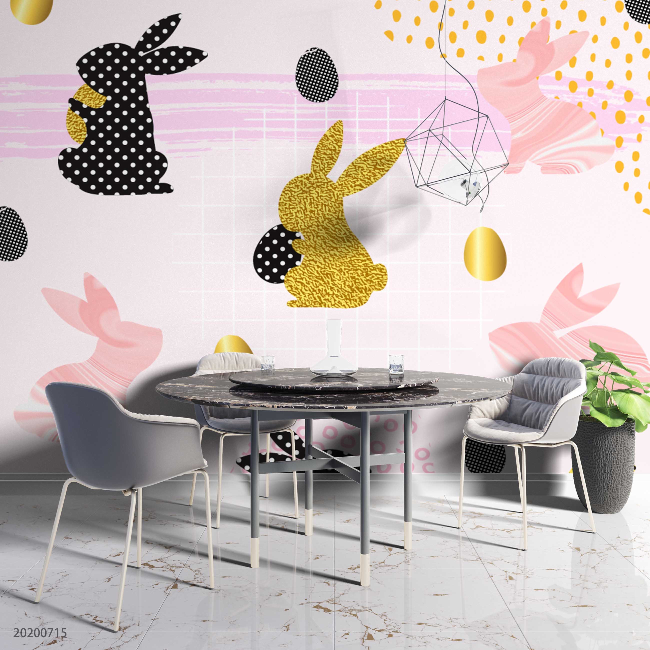 3D Cartoon Golden Bunny Pink Wall Mural Wallpaper Lxl 961