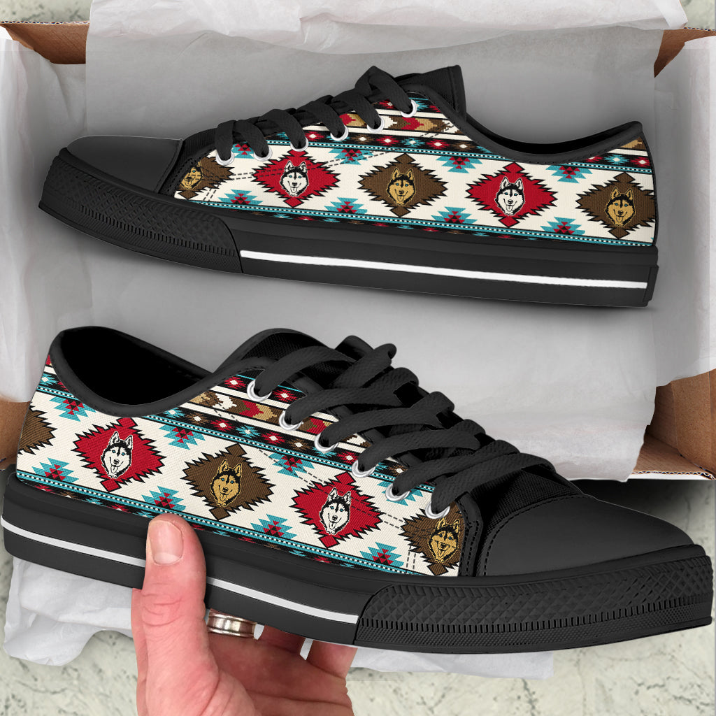 Husky Dog Low Top Shoes Native Stripe Pattern Canvas Shoes – Best Shoes For Dog Lover, Best Gift For Dog Mom