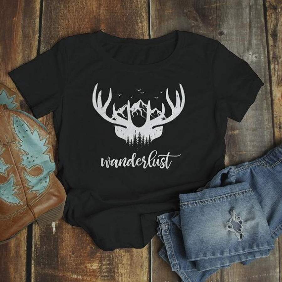 Women’s Hipster Wanderlust T Shirt Deer Mountains Forest Graphic Tee Hand Drawn Shirts