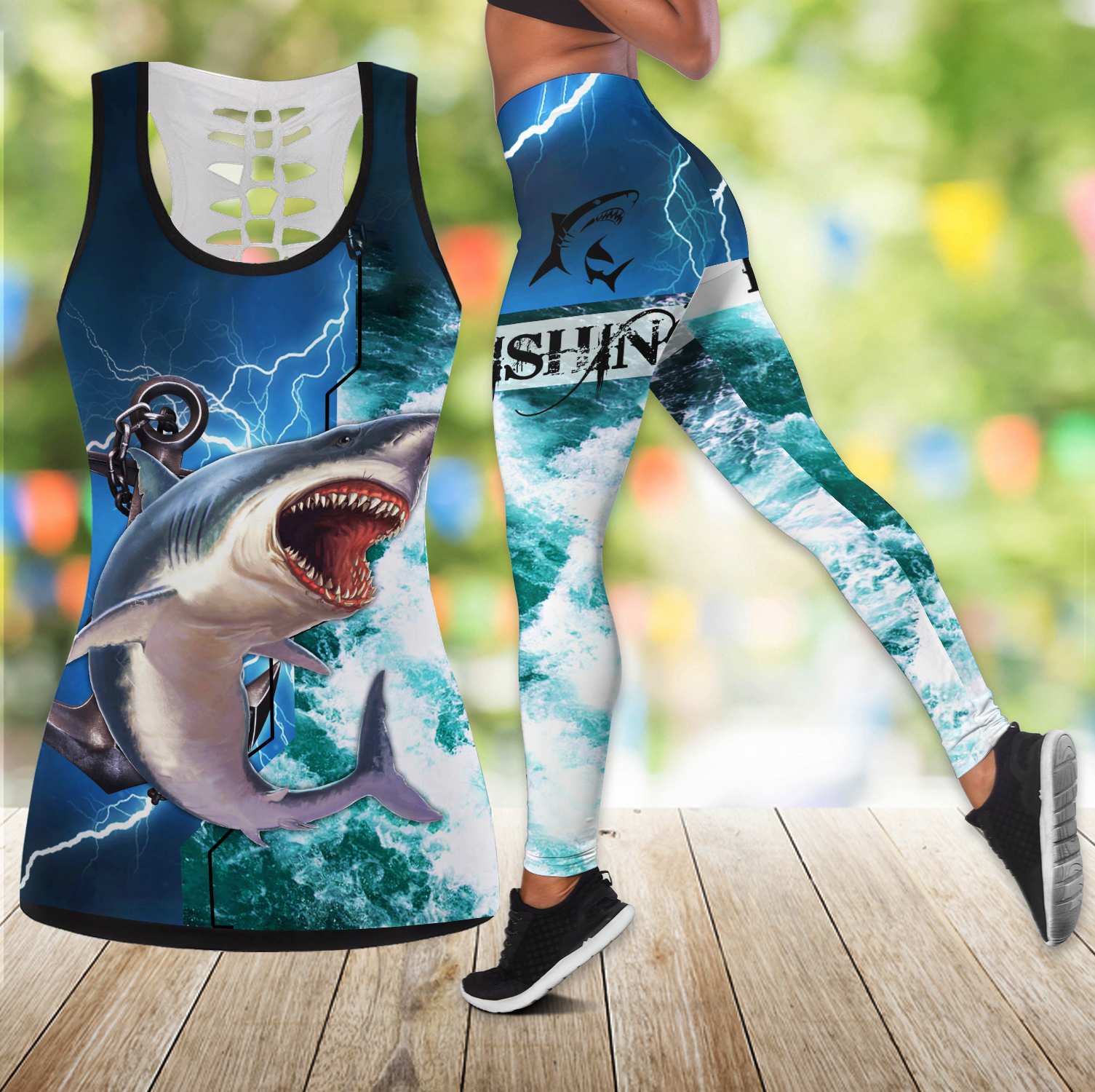 Shark Hunting Fishing Legging And Hollow Out Tank Top Set Outfit For Women | Lgs5201