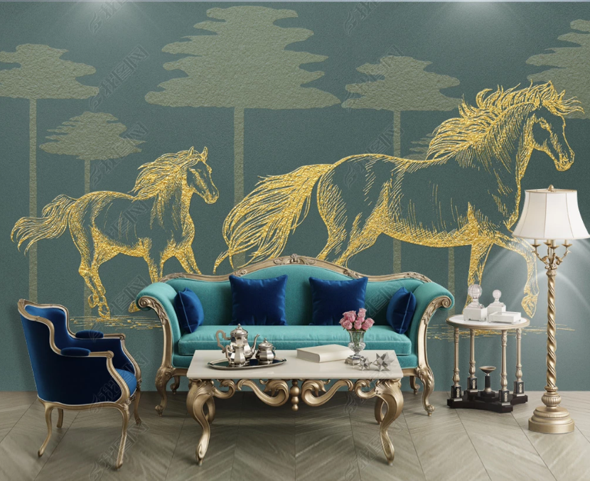 3D Hand Drawn Elegant Yellow Horse Animal Background Wall Mural Wallpaper Lxl