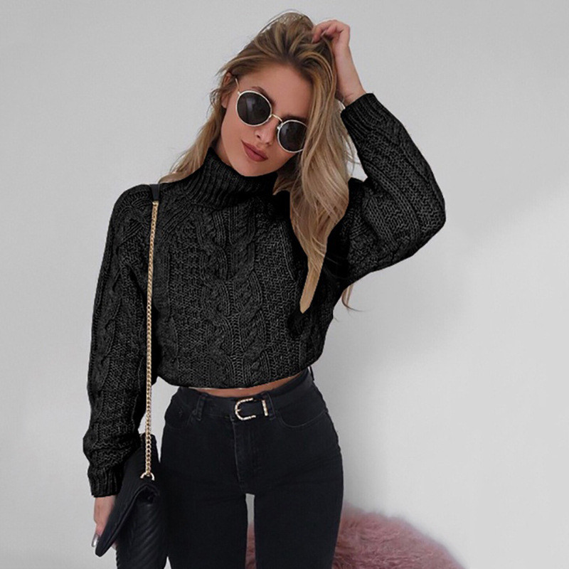 Women Turtleneck Sweaters Sexy Navel Bare Cropped Tops Autumn Winter Ribbed Lady Knitted Pullovers Short Solid Sweaters alx