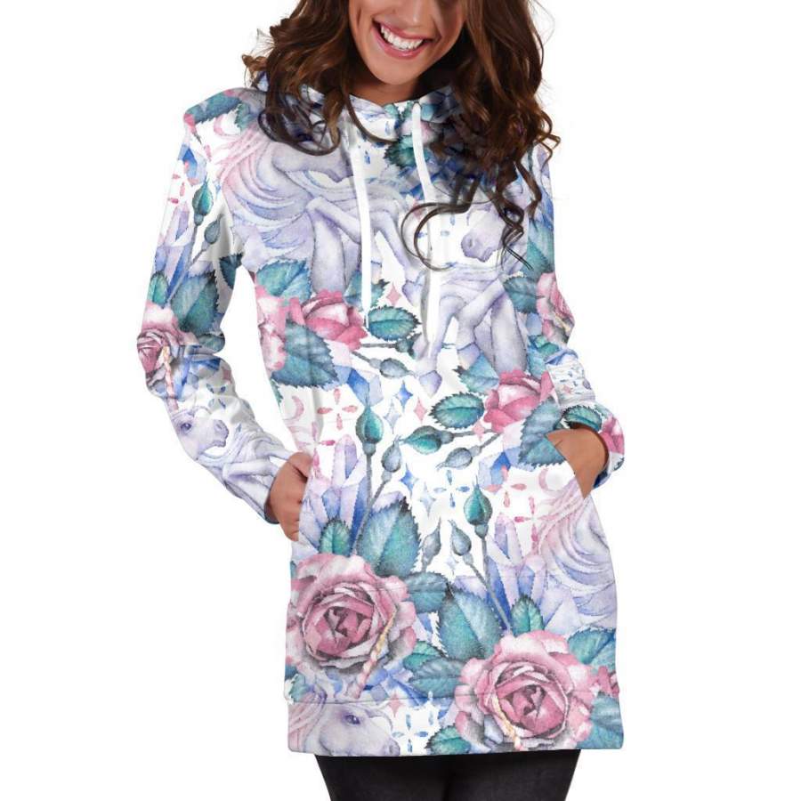 White Fairy Rose Unicorn Pattern Print Hoodie Dress