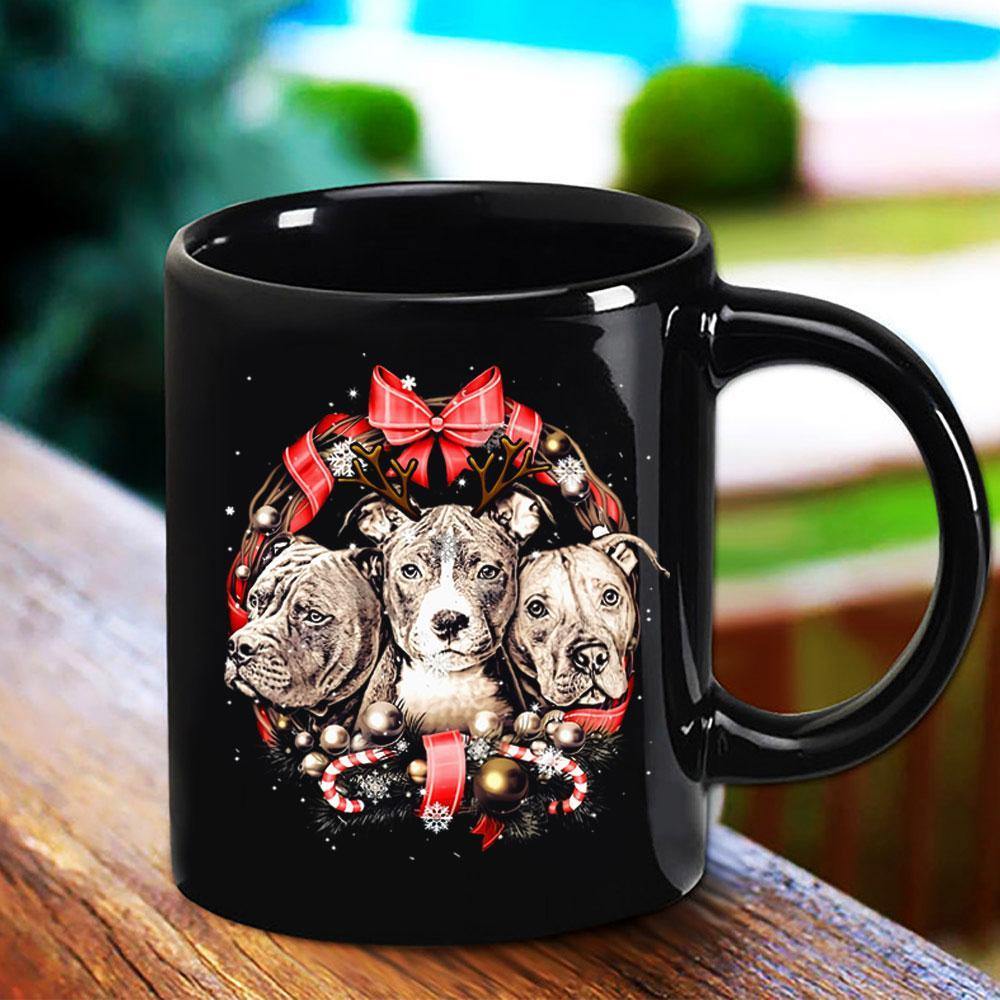 Three Pitbull Wreath Christmas Merry Christmas With Candy Cane Ornament Black Mug