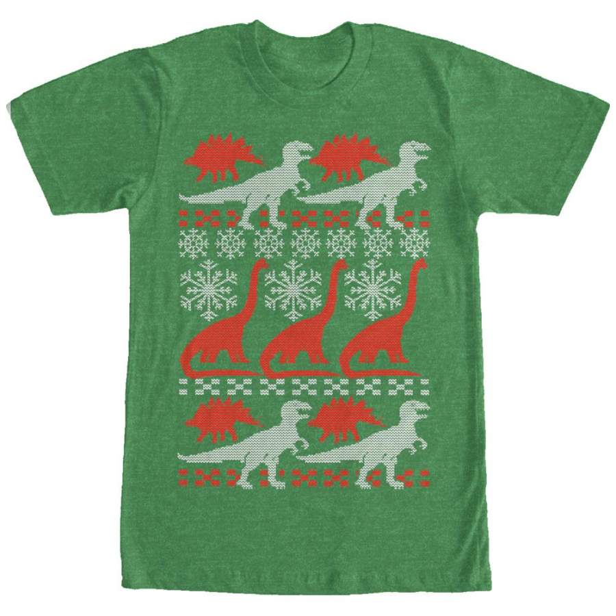 Lost Gods Men’s Ugly Christmas Dinosaur Print  T Shirt Kelly Heather S