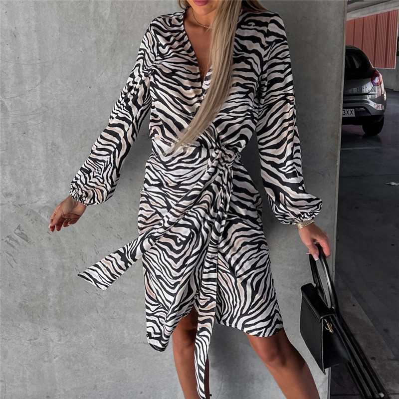 Autumn Casual Leopard Print Mini Dress Elegant V-neck Lace-up A-Line Party Dress Women Fashion Long Sleeve Draped Commuter Dress alx