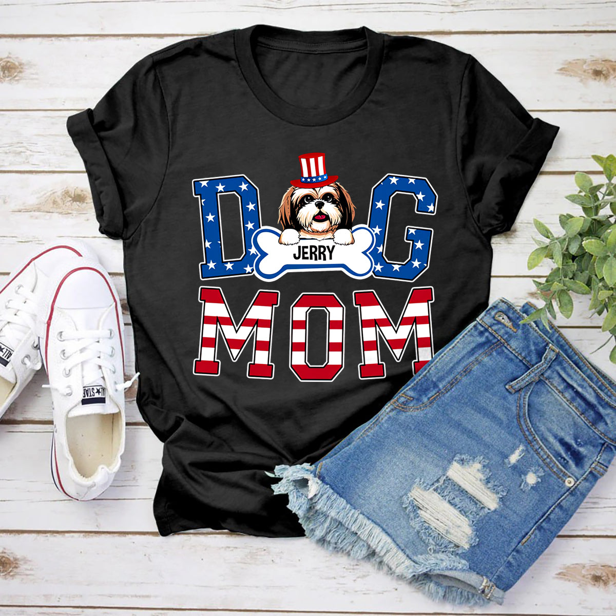 Personalized T-Shirt For Dog Mom Usa Flag Design Puppy With Cute Hat Print Custom Dog Name Independence Day Shirt