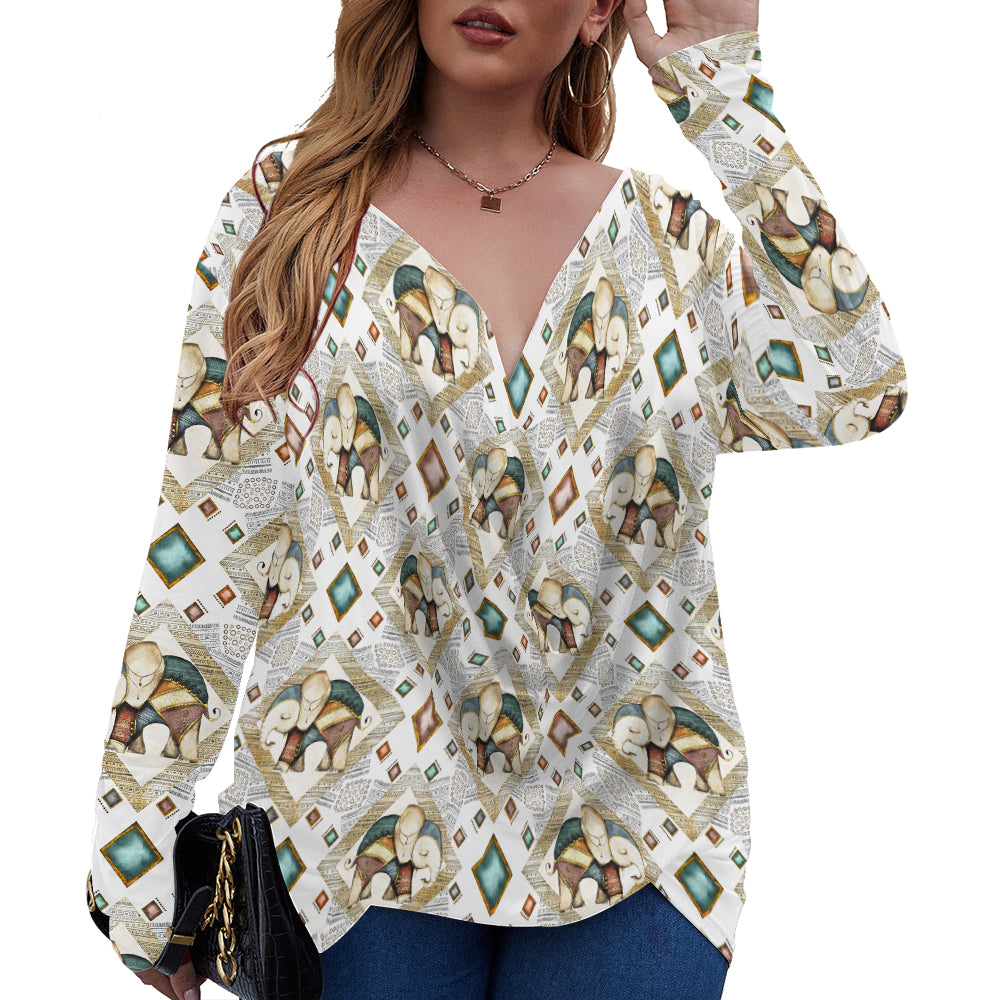 Indian Elephant Pattern V-Neck Long Sleeve Plus Size T-Shirt