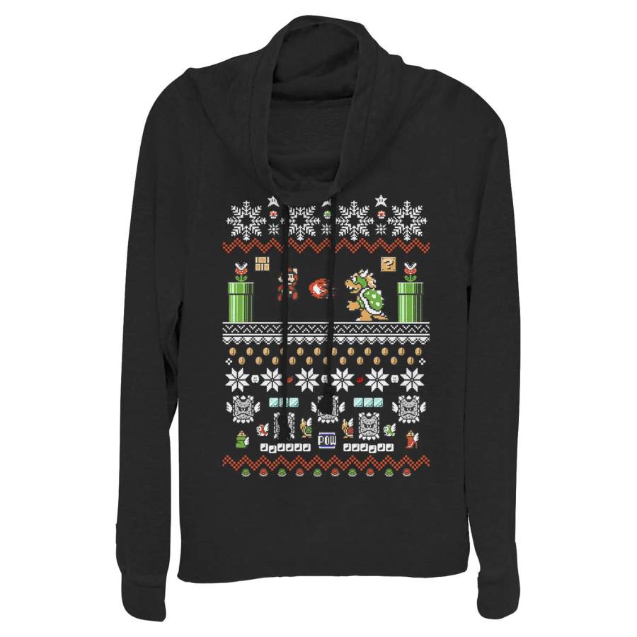 Nintendo Junior’s Ugly Christmas Mario and Bowser  Cowl Neck Sweatshirt