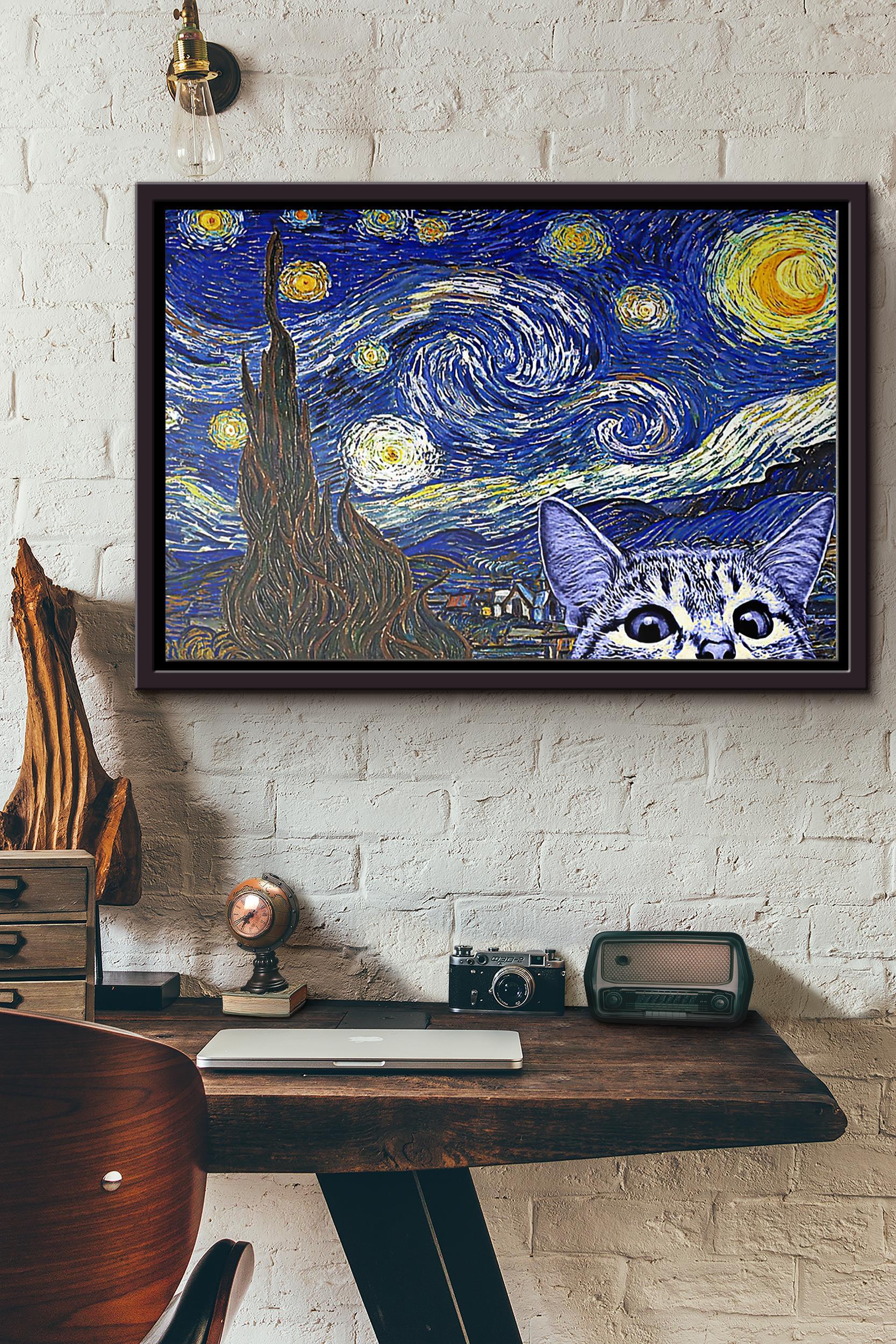 Starry Night Cat Kitten Poster N Framed Matte Canvas