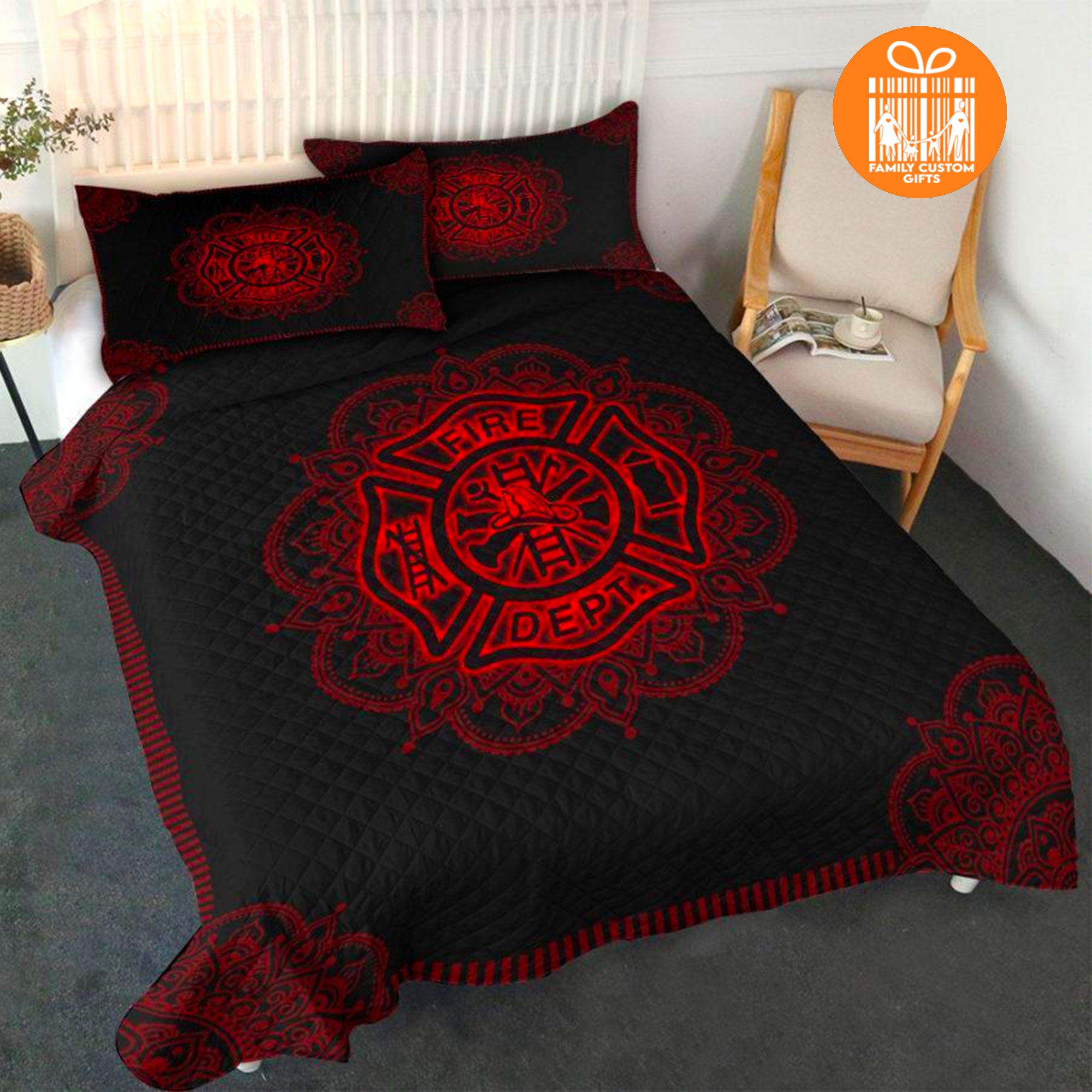 Custom Quilt Sets For Adult Firefighter Mandala Red Personalized Quilt Bedding