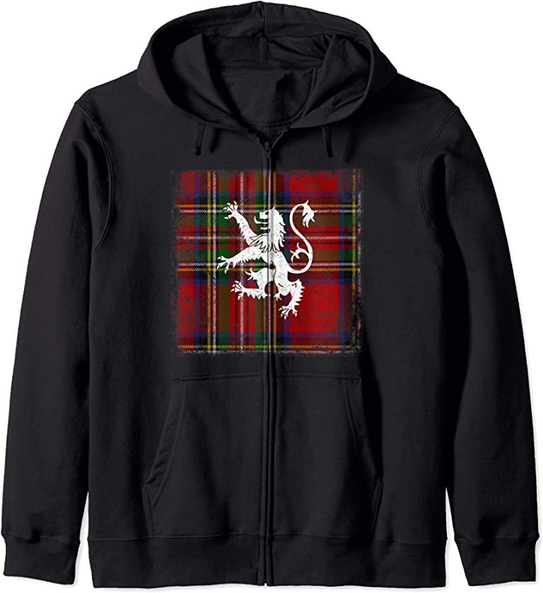 Scottish Tartan Red Plaid Scotland Lion Royal Stewart Clan Zip Hoodie