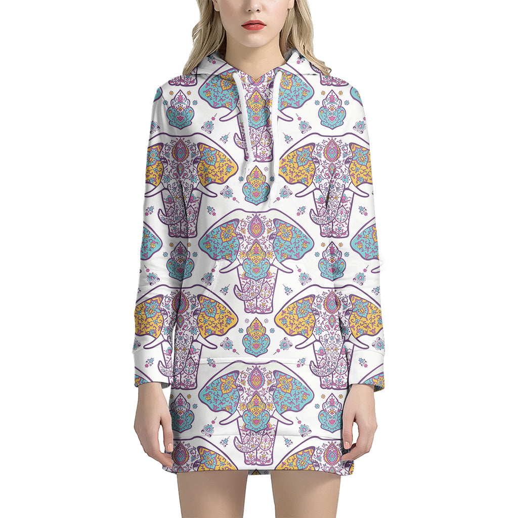 Indian Flower Elephant Pattern Print Women’S Pullover Hoodie Dress