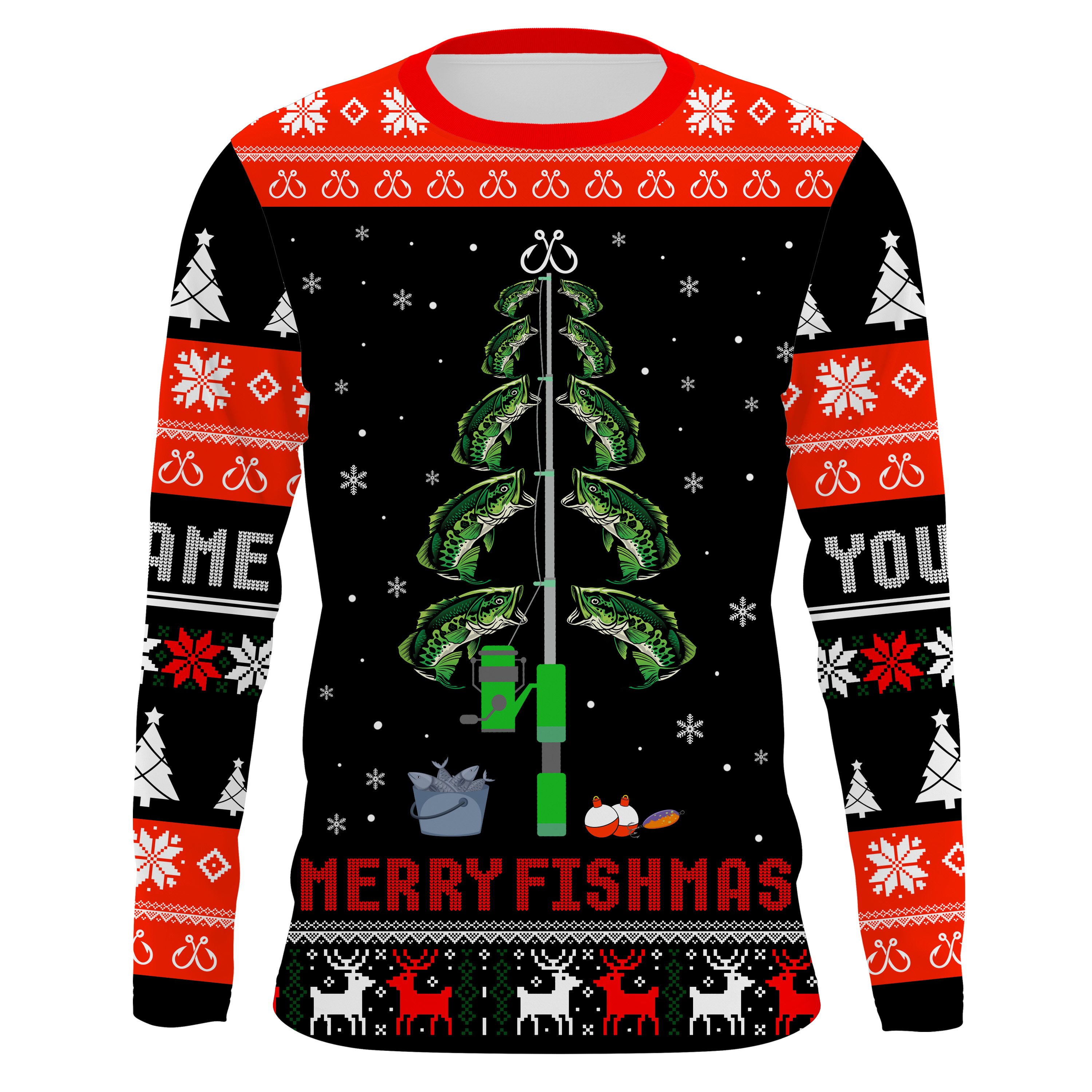 Bass Fishing Christmas Tree Custom Long Sleeve Fishing Shirts, Ugly Sweater Pattern Christmas Fishing Gifts – Iphw1880