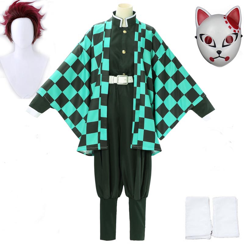 Aldult Kids Demon Slayer Kimetsu no Yaiba Tanjirou Kamado Cosplay Costume Kimono Cloak Halloween Party Anime Clothes Uniform Set alx