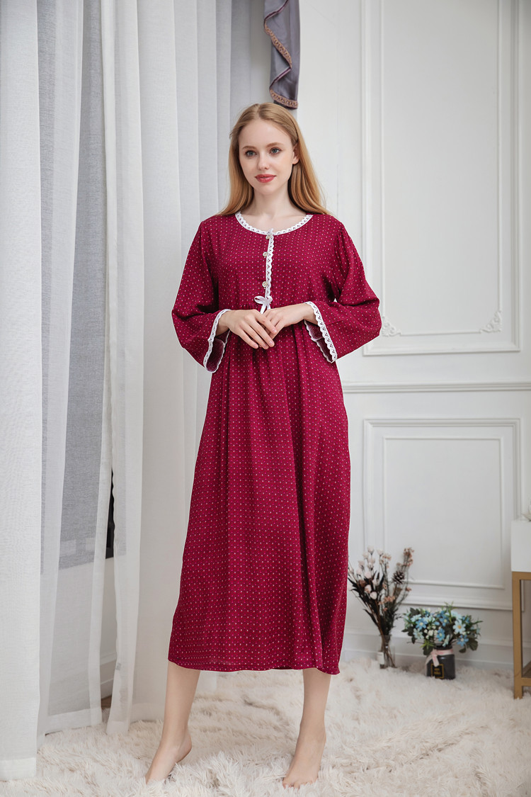 Spring Autumn Lady Nine Minute Sleeve Combed Cotton Long Loose Princess Nightgown Sleepwear Front Button Casual Nightdress alx