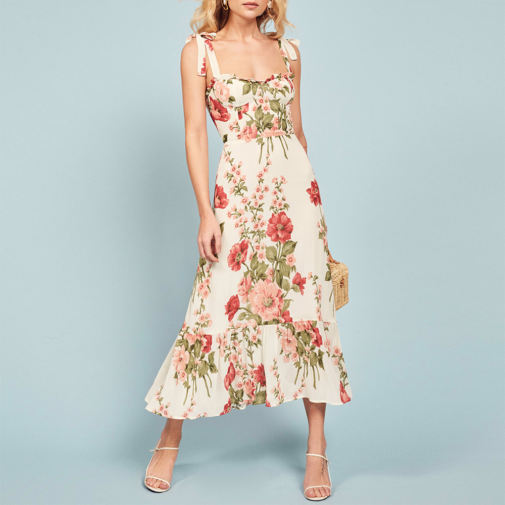 Summer Dresses For Women 2021 Elegant Ruffle Hem Floral Chiffon Midi Dress Frill Edge Sweetheart Neck Strap Tie Sexy Slip Dress alx