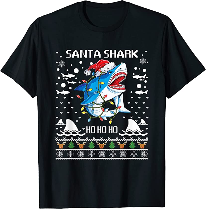 Santa Shark Candy Christmas Lights Funny Boys Sharkmas Xmas T-Shirt