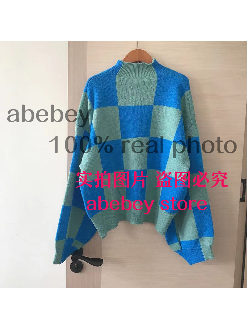 Women 2022 Fashion Plaid Pattern Oversized Turtleneck Sweater Lantern Long Sleeve Female Pullovers Chic Tops BC92A alx