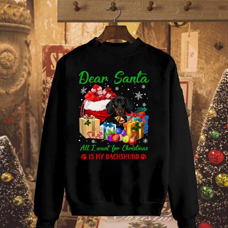 Dachshund i want for christmas candy cane ornament gifts happy holiday black sweatshirt for men and women S-5XL