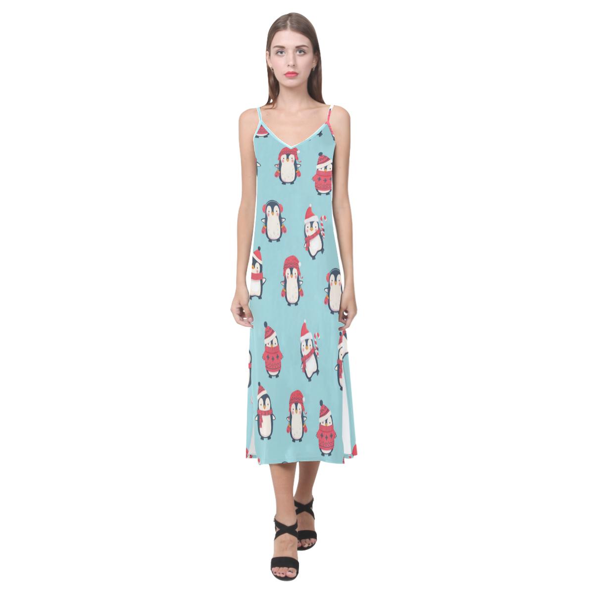 Cute penguin christmas  design pattern V-Neck Open Fork Long Dress