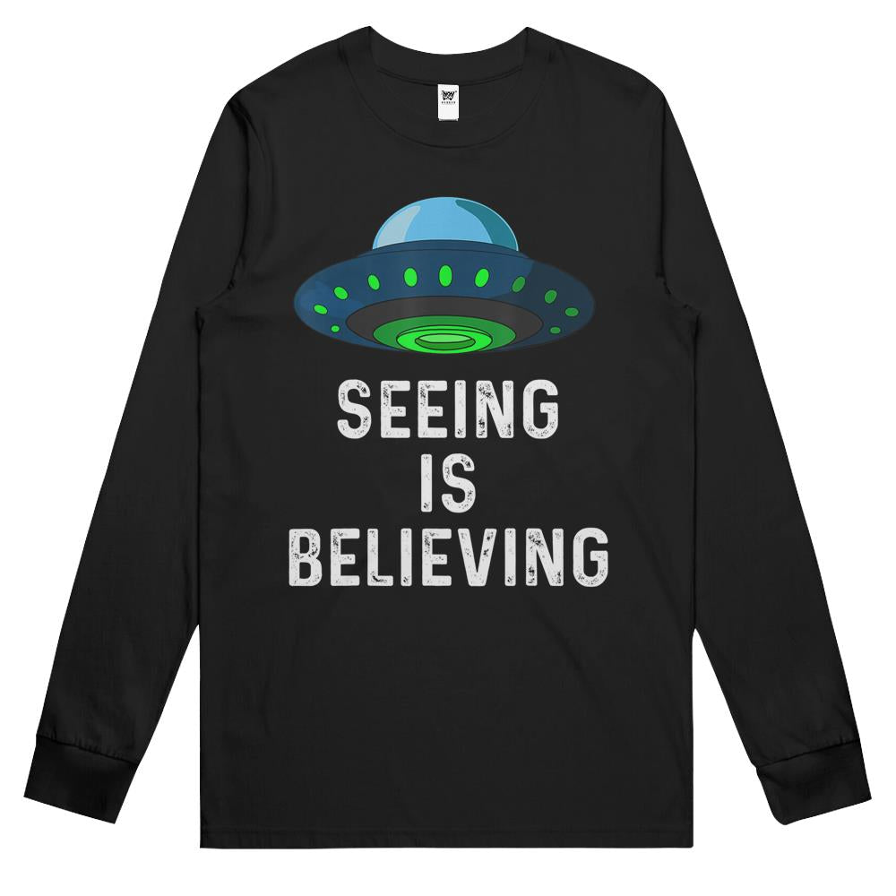 Ailen Shirt, Ufo Shirt, Ufo Long Sleeve T Shirts, Ufo Tee Shirt, Long Sleeve T Shirts Ufo, Funny Seeing Is Believing Ufo Alien Ariel Object Sarcasm Long Sleeve T Shirts