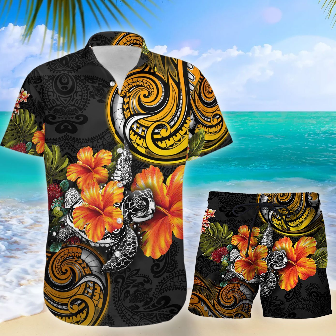 Amazing Polynesian Turtle Hibiscus Hawaiian Shirt Set | Unisex | Hs1003