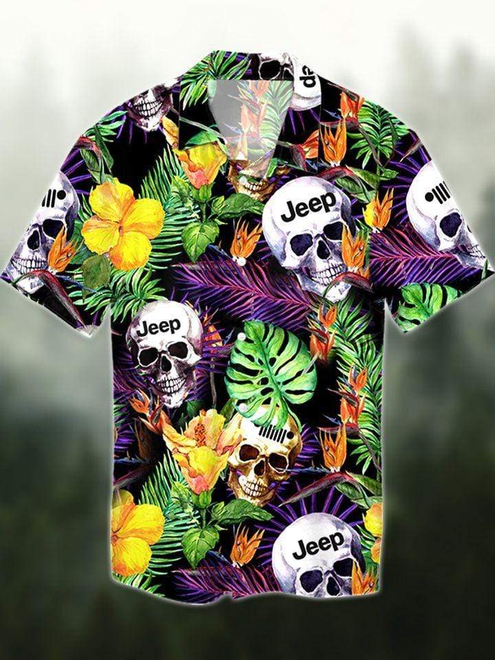 Hawaii Aloha Shirt Made In Jeep Skull Floral Tropical Ha68431