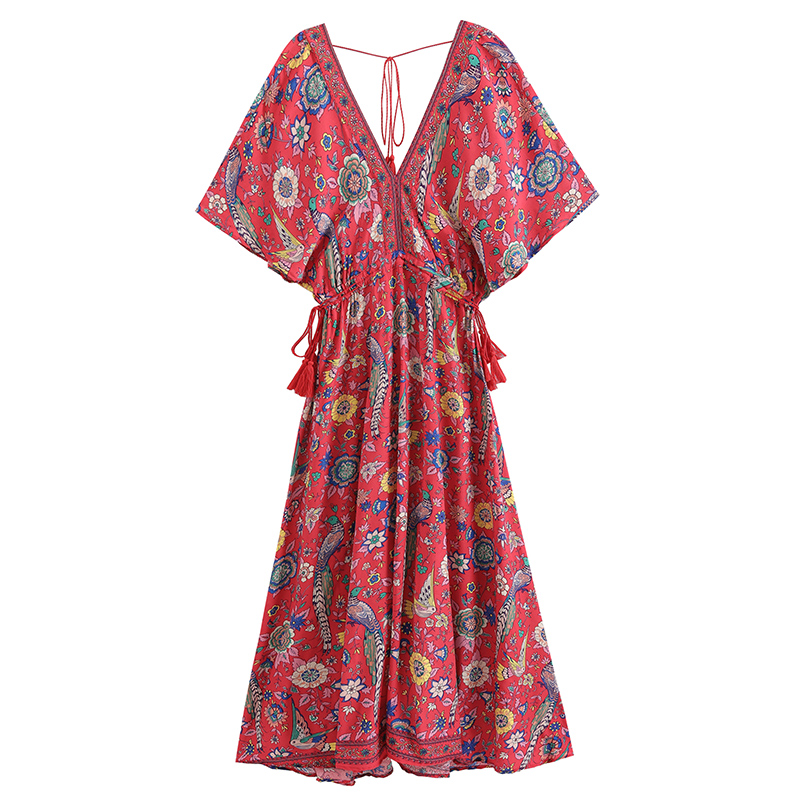 Vintage chic fashion women peacock Floral print bat sleeve beach Bohemian maxi dresses Ladies V neck Tassel Summer Boho dress alx