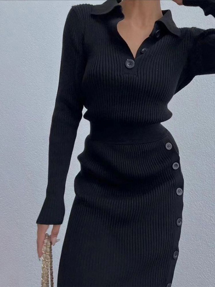 Women Knitted Skirts Two Piece Set Sexy Long Sleeve Lapel Tops And Split Midi Skirt Suits Female Elegant Sweater Knit Outfits alx